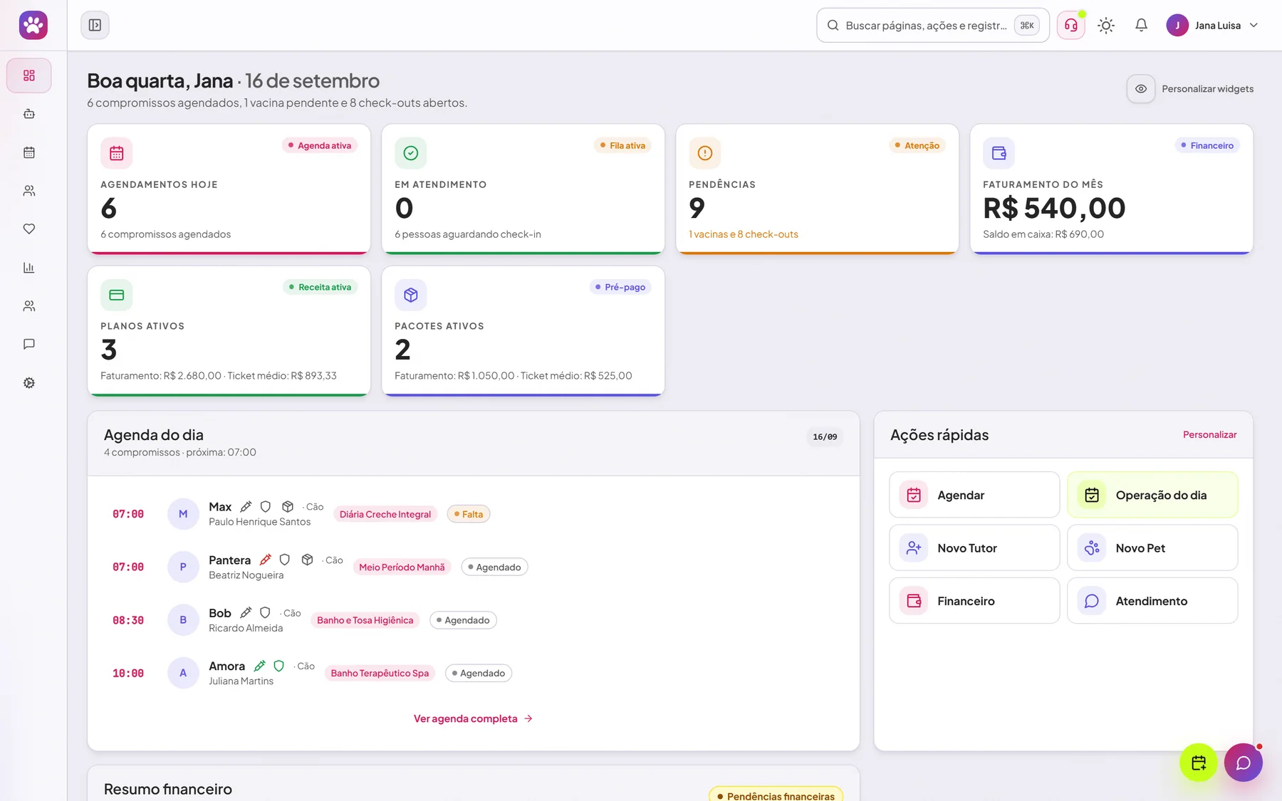 Painel do PetHub com agendamentos de hoje, pendências e faturamento do mês