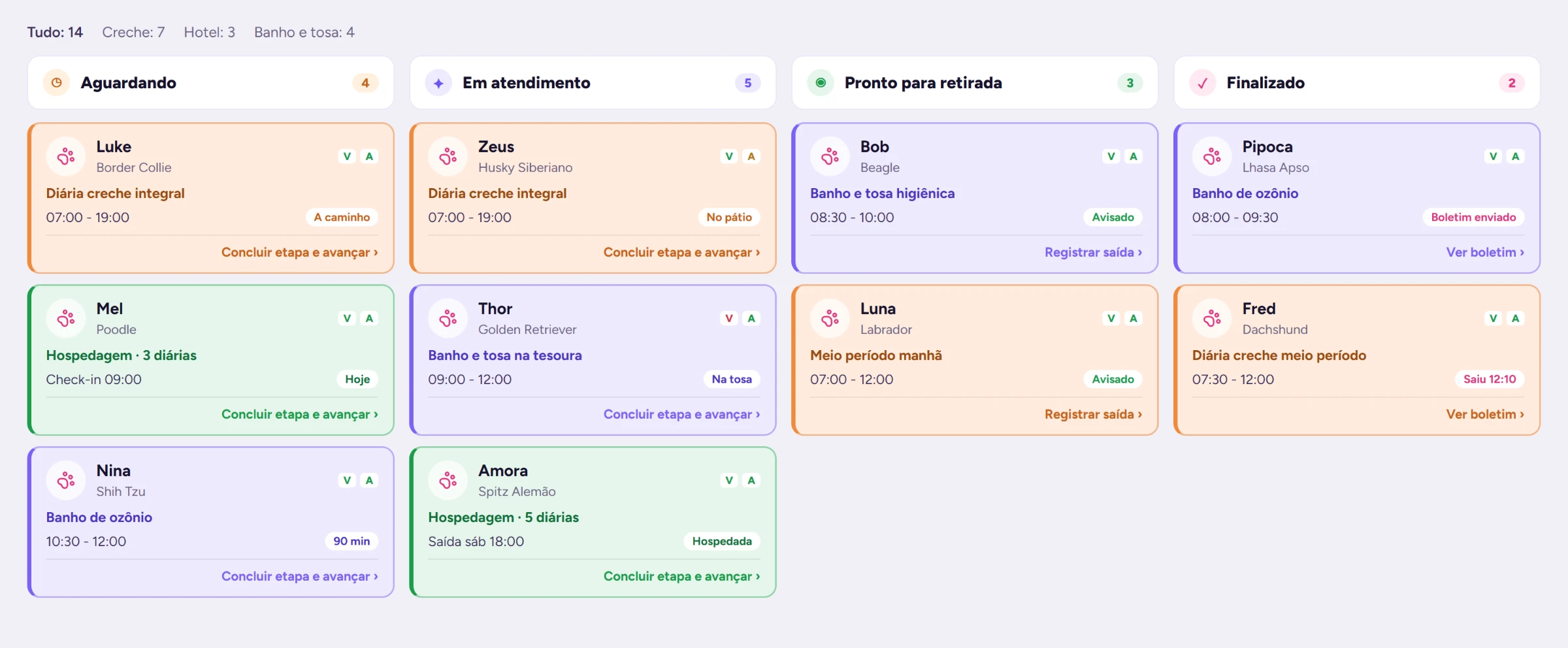 Operação do PetHub por etapa: aguardando, em atendimento, pronto para retirada e finalizado